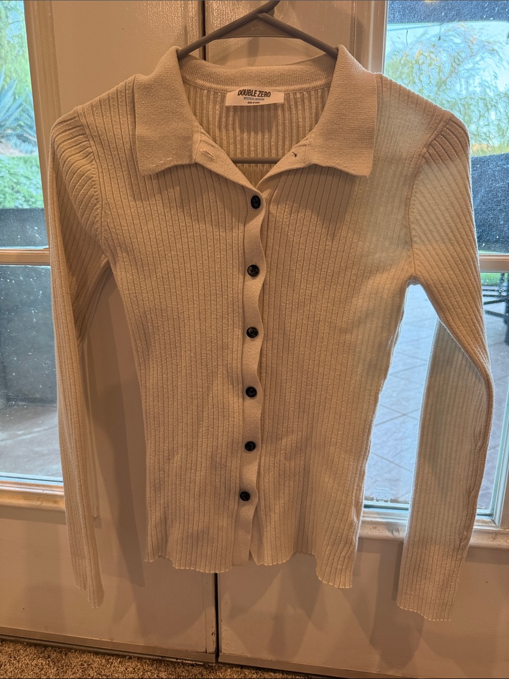 Double Zero Cream Ribbed Button-Front Polo Cardigan